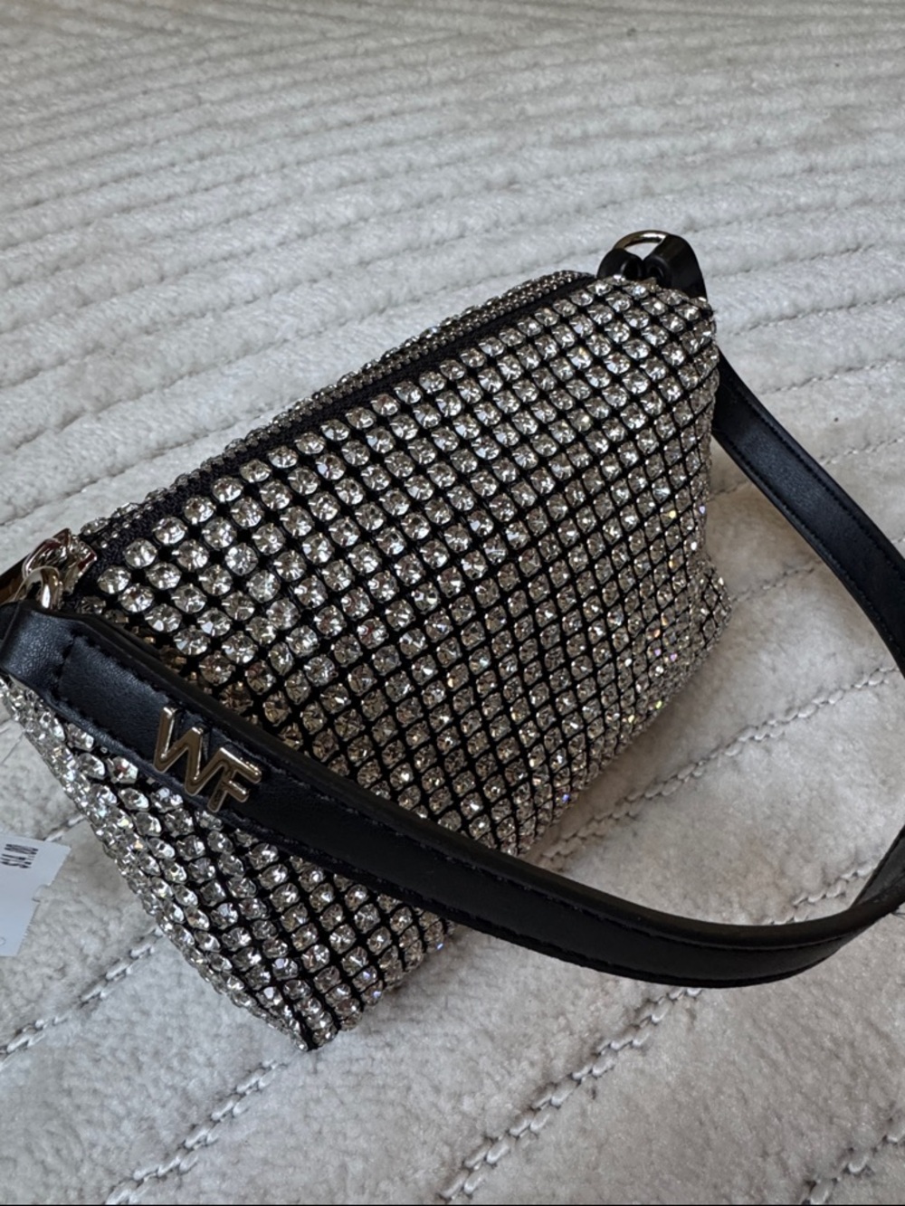 White fox Crystal Embellished Black Shoulder Bag